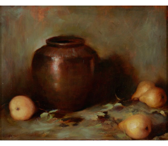 "Clay Pot and Pears" by Carla Paine